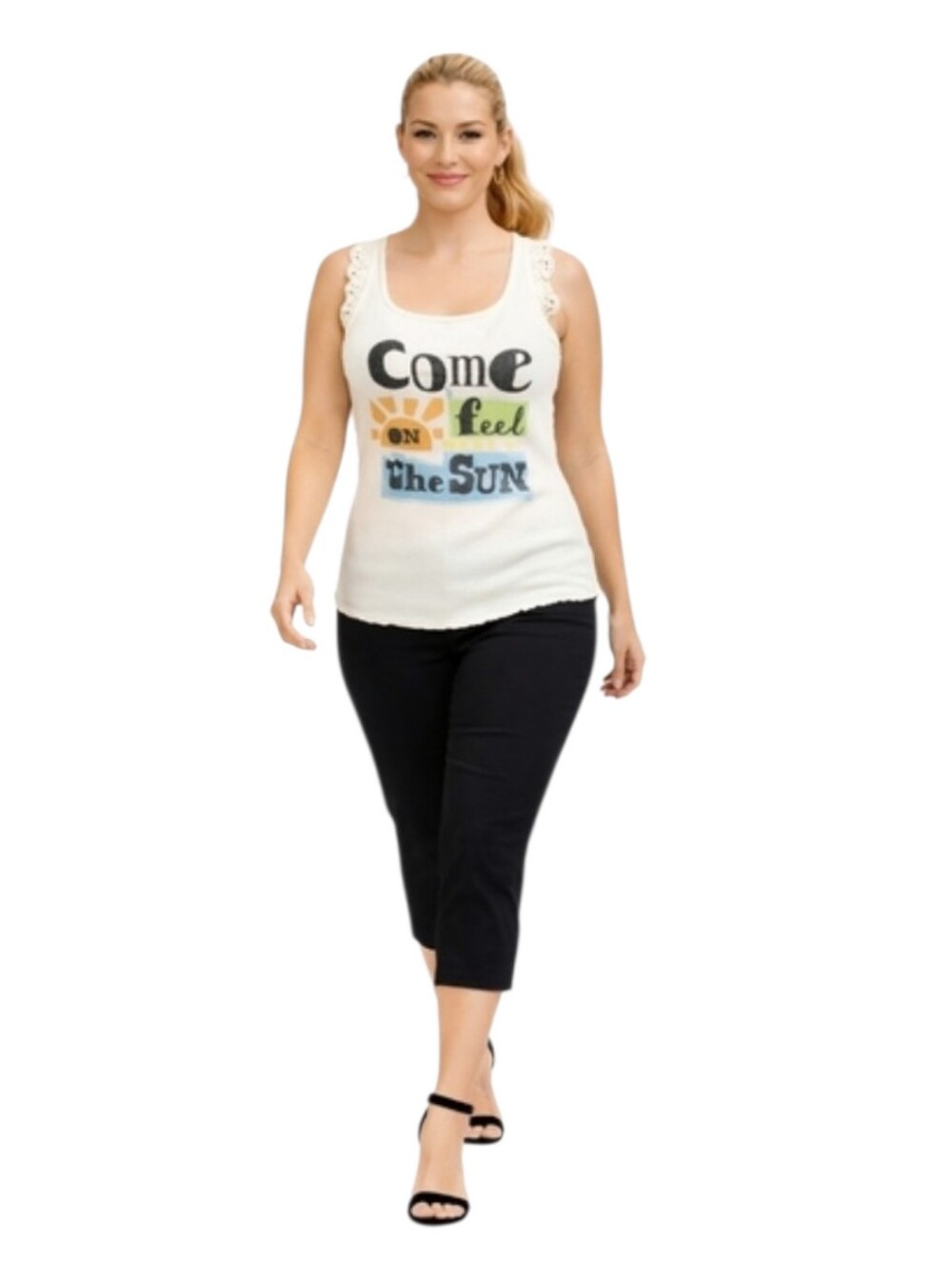 OP XL cream “come feel the sun” graphic tank crochet straps boho summer